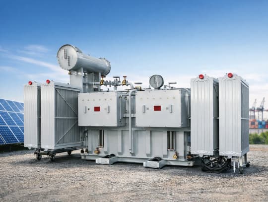 Solar inverter duty transformer installed beside a PV array